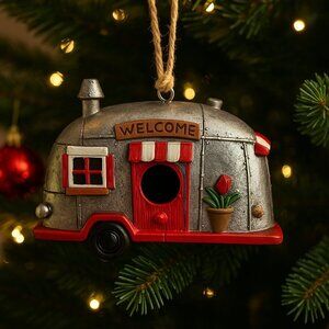 Retro Camper Resin Birdhouse Ornament Silver Welcome Sign Flower Pot 6 Inches